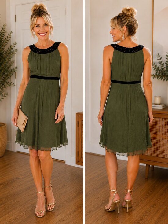 Muse Dresses & Skirts - Muse Olive Green 100% Silk Dress | Size 10 | Beaded Neckline | Lined| B-1835